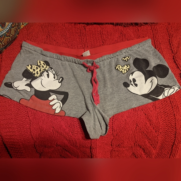 Vintage Disney Gray and Red Women's Sleepwear Shorts with Mickey and Minnie - Picture 3 of 6